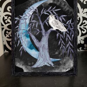 Framed White Owl Spirit Animal Crescent Moon Halloween Print Wall Hanging
